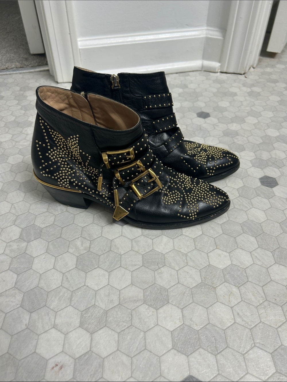 Chloe Black Leather Studded Ankle Boots with Gold Buckle Accents